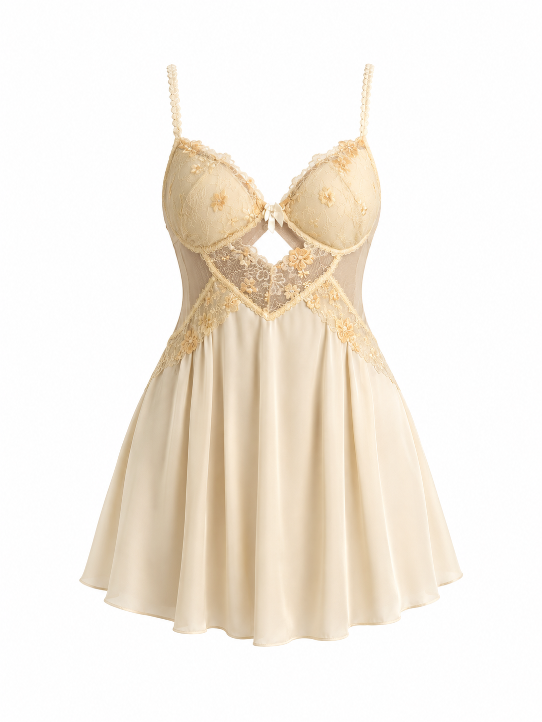 Soft Noir champagne cream floral lace satin babydoll nightgown on white background
