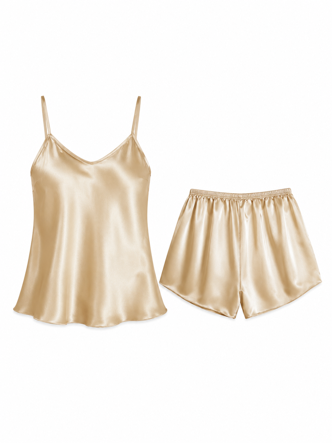 Soft Noir champagne satin camisole and shorts pajama set on white background
