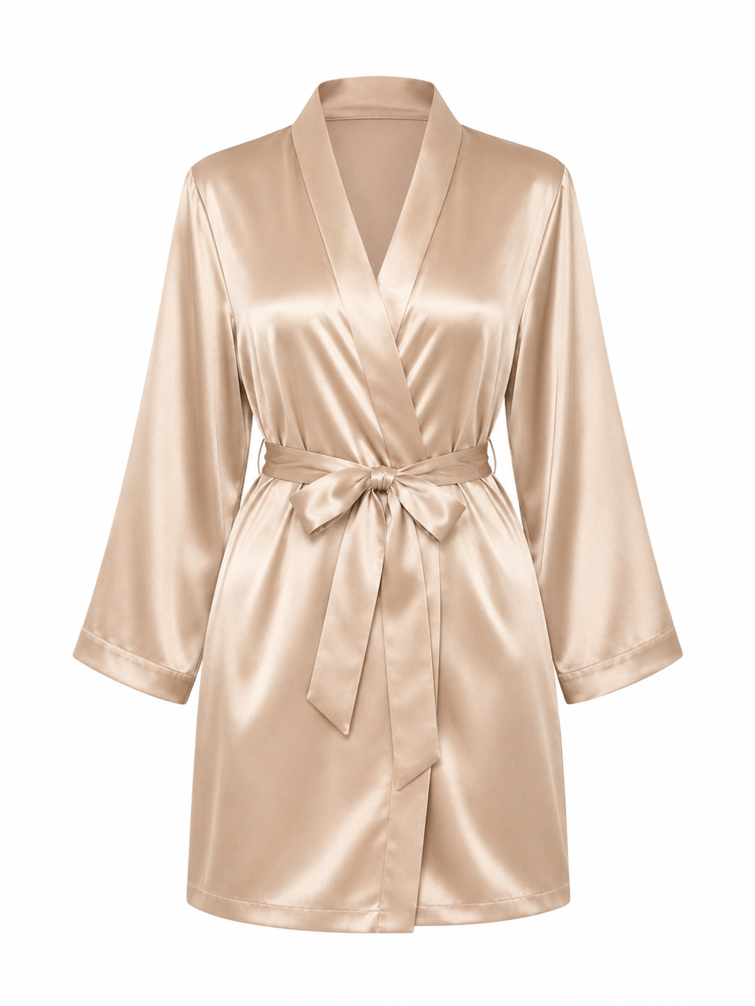 Soft Noir champagne satin kimono robe with tie waist on white background