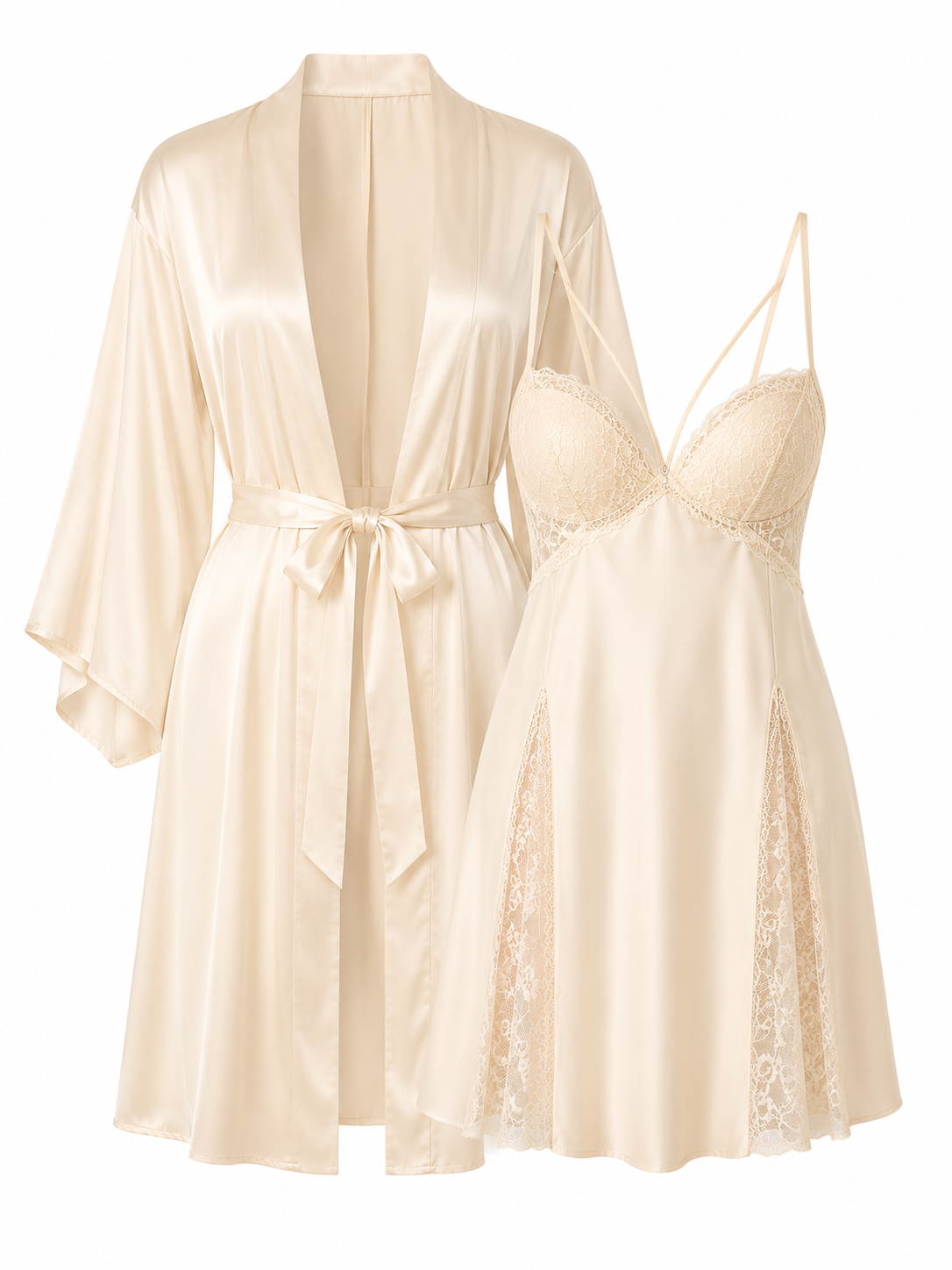 Soft Noir champagne satin lace chemise nightdress and matching robe set on white background