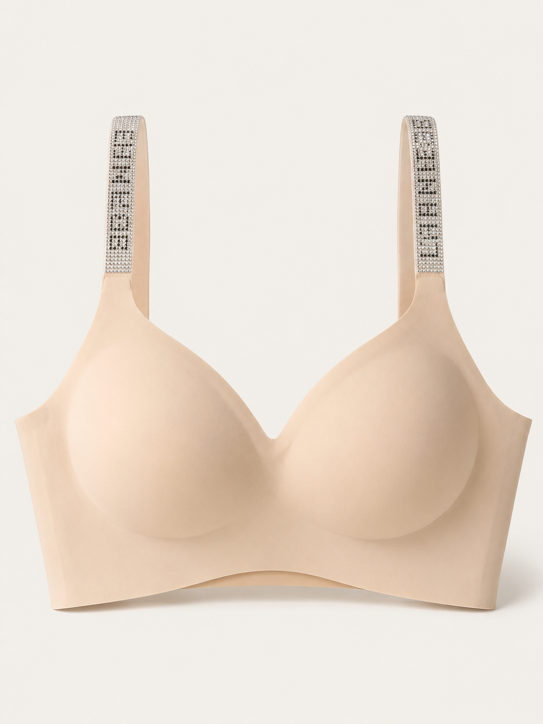 Soft Noir Crystal Strap Smooth Wireless Bra in nude beige for refined lingerie styling