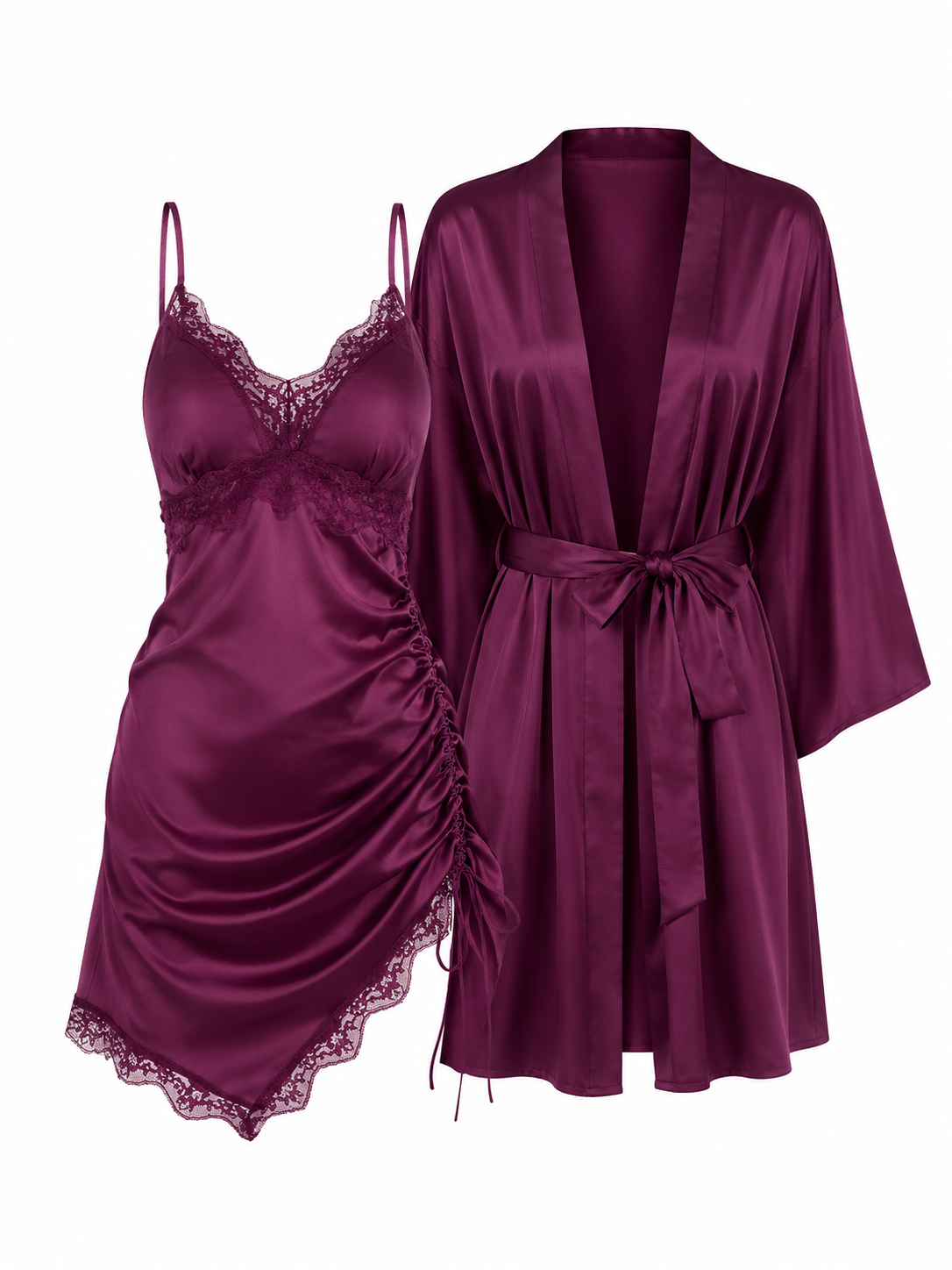 Soft Noir deep plum ruched satin chemise and robe set on white background