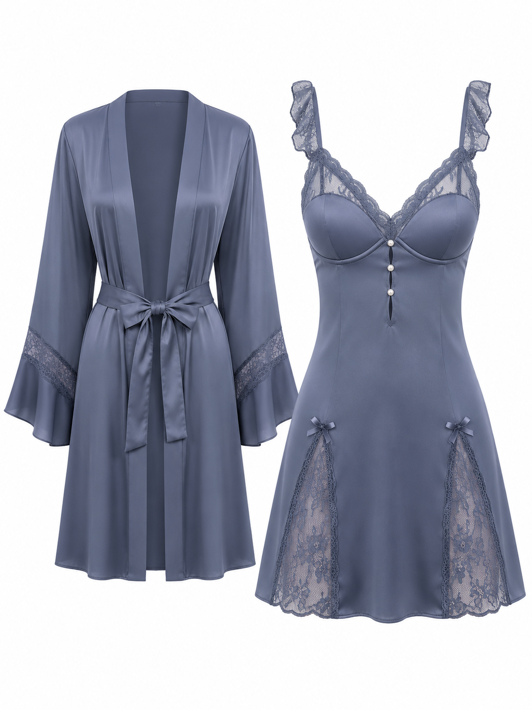 Soft Noir dusty blue satin lace chemise nightdress and robe set on white background