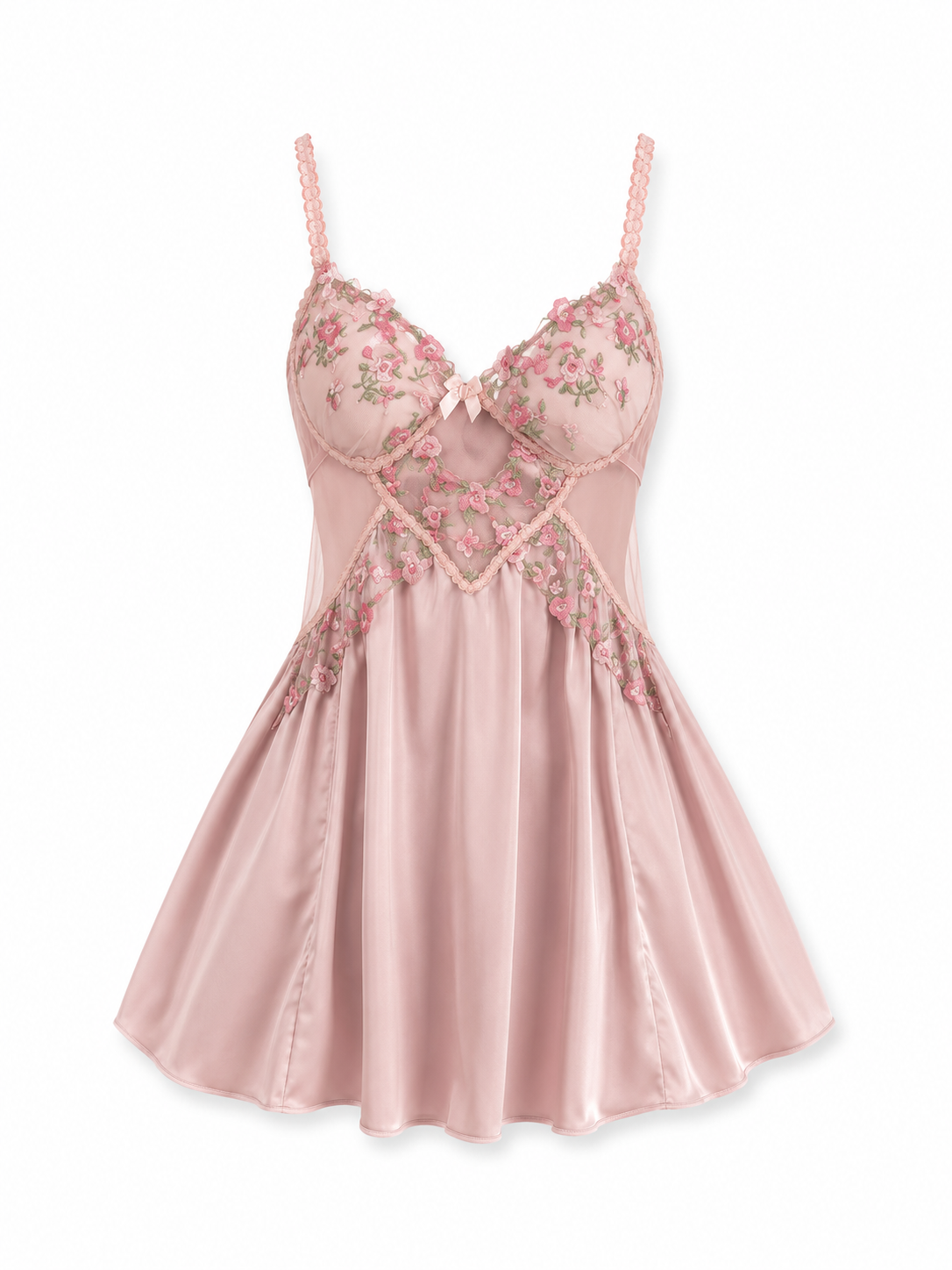 Soft Noir dusty rose floral lace satin babydoll nightgown on white background
