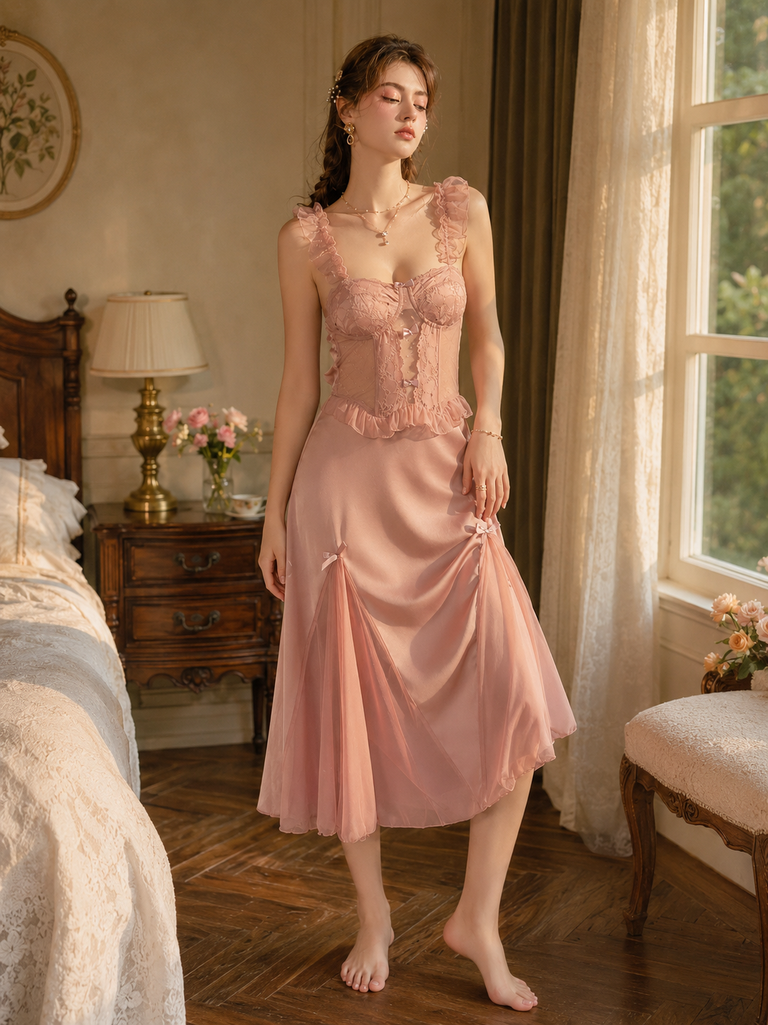 Model wearing dusty rose lace ruffle strap midi nightgown