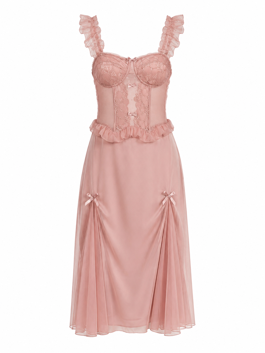 Dusty rose lace ruffle strap midi nightgown on white background