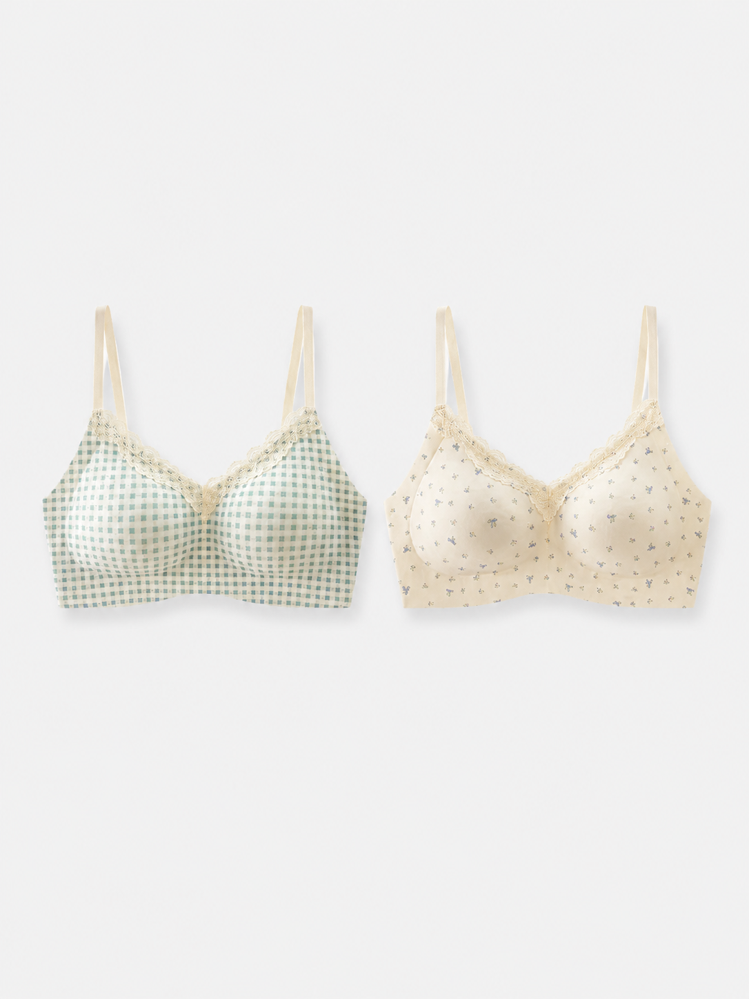 Soft Noir Floral Check Soft Wireless Bra in mint check + ivory floral for refined lingerie styling