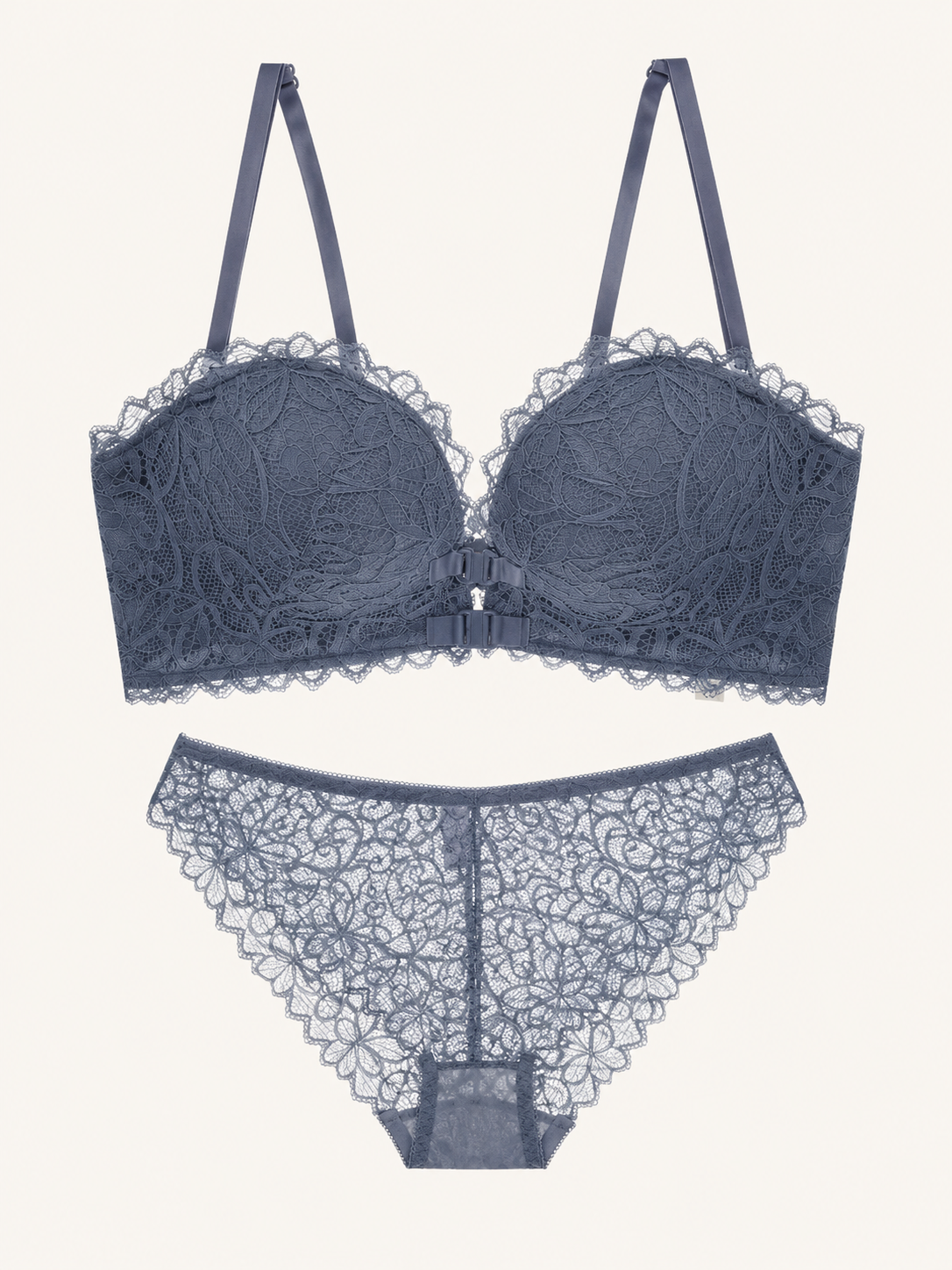 Soft Noir Front-Clasp Lace Bra Set in blue grey for refined lingerie styling