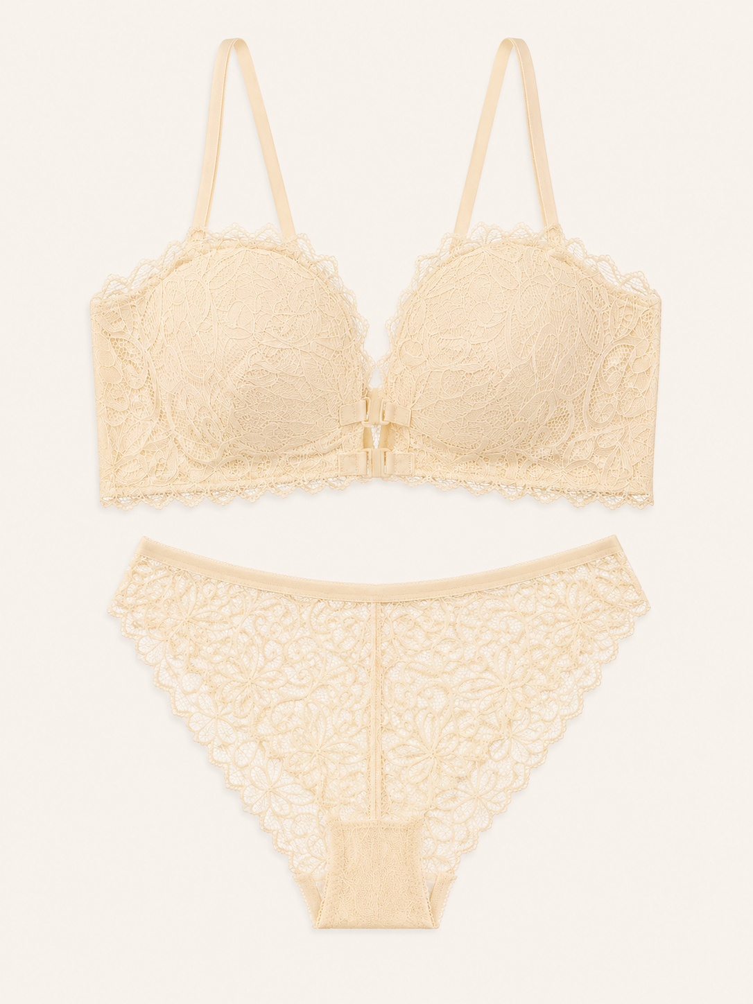Soft Noir Front-Clasp Lace Bra Set in ivory for refined lingerie styling