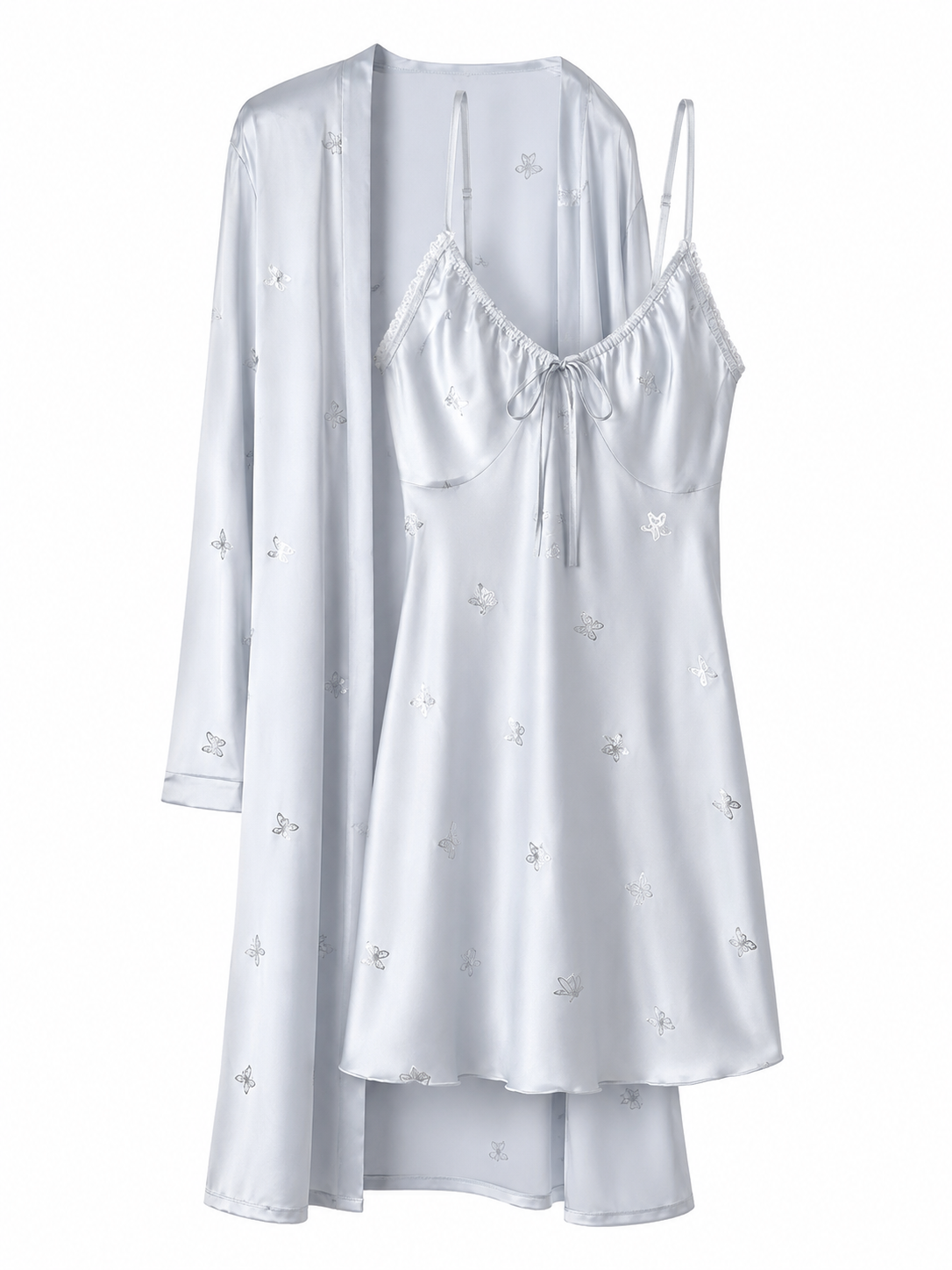 Soft Noir ice blue butterfly satin chemise nightdress and matching robe set on white background