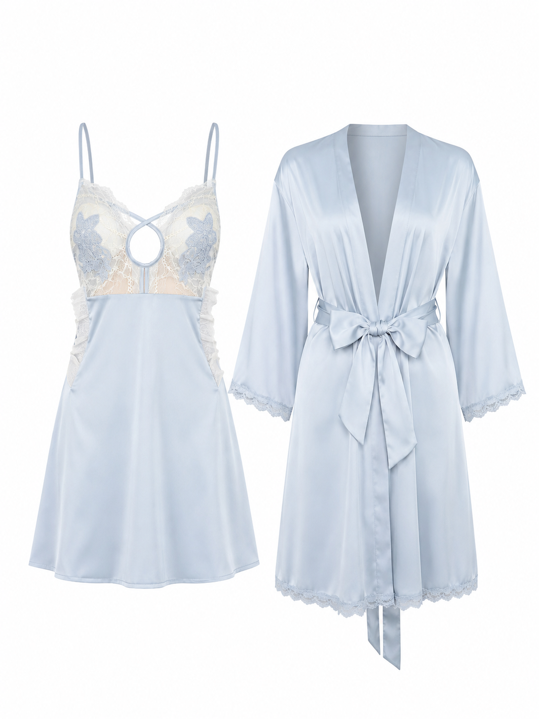 Ice blue satin lace chemise and matching robe set on white background