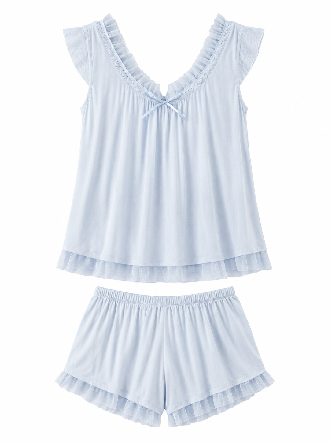Soft Noir ice blue sheer ruffle cami pajama set on white background