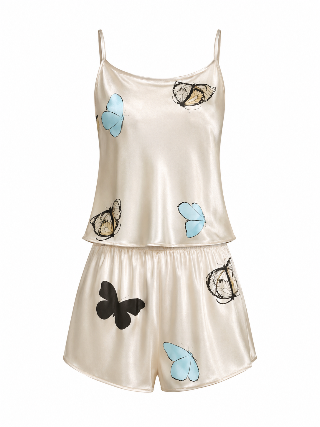 Ivory satin cami and shorts pajama set with butterfly print on white background