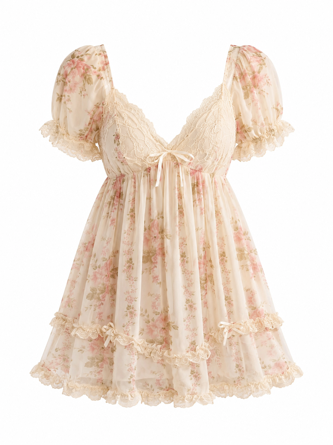 Soft Noir ivory floral lace babydoll nightgown on white background

