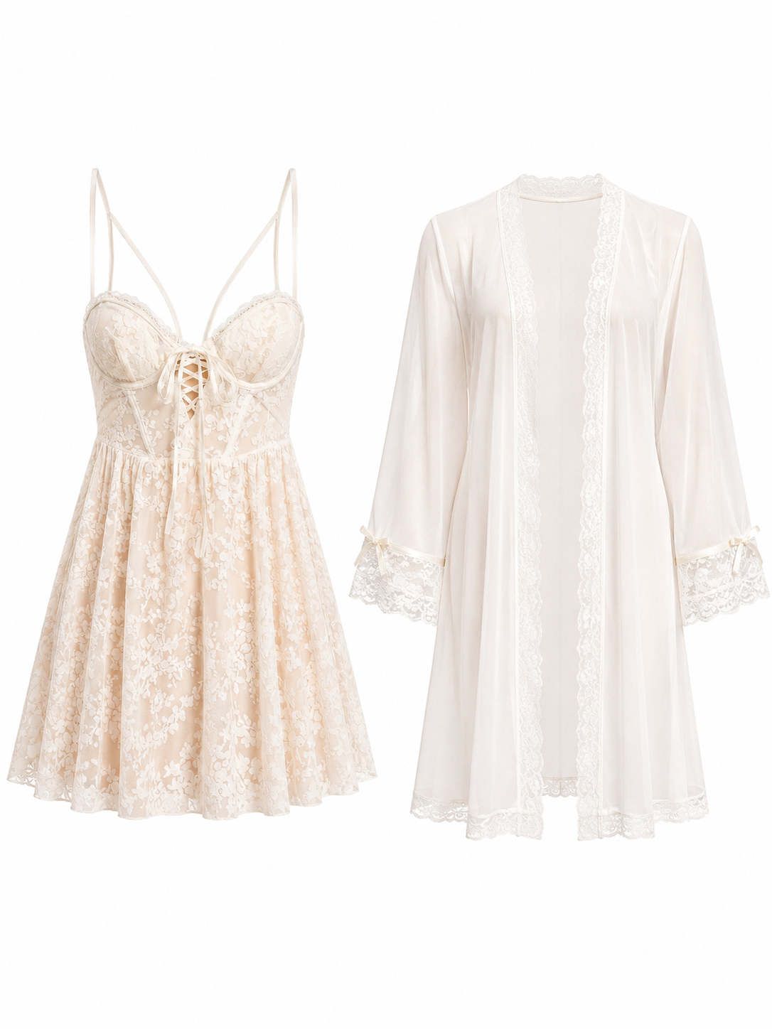 Soft Noir ivory lace babydoll dress and sheer robe set on white background