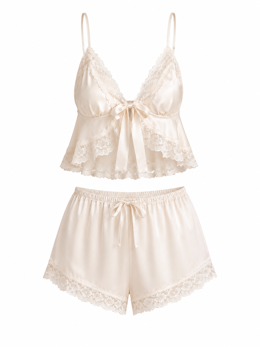 Ivory lace satin cami and shorts pajama set on white background