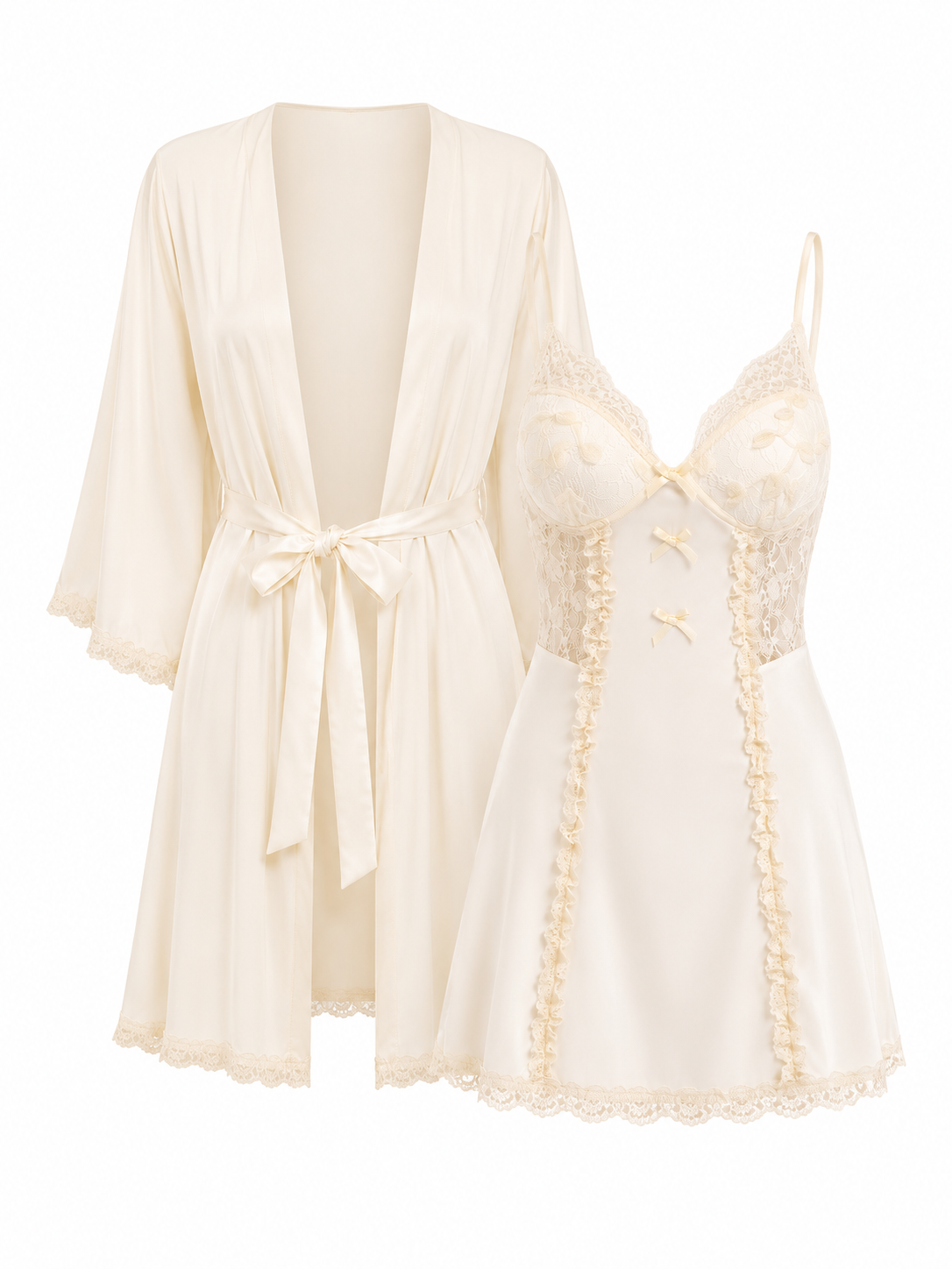 Soft Noir ivory lace slip nightdress and matching robe set on white background