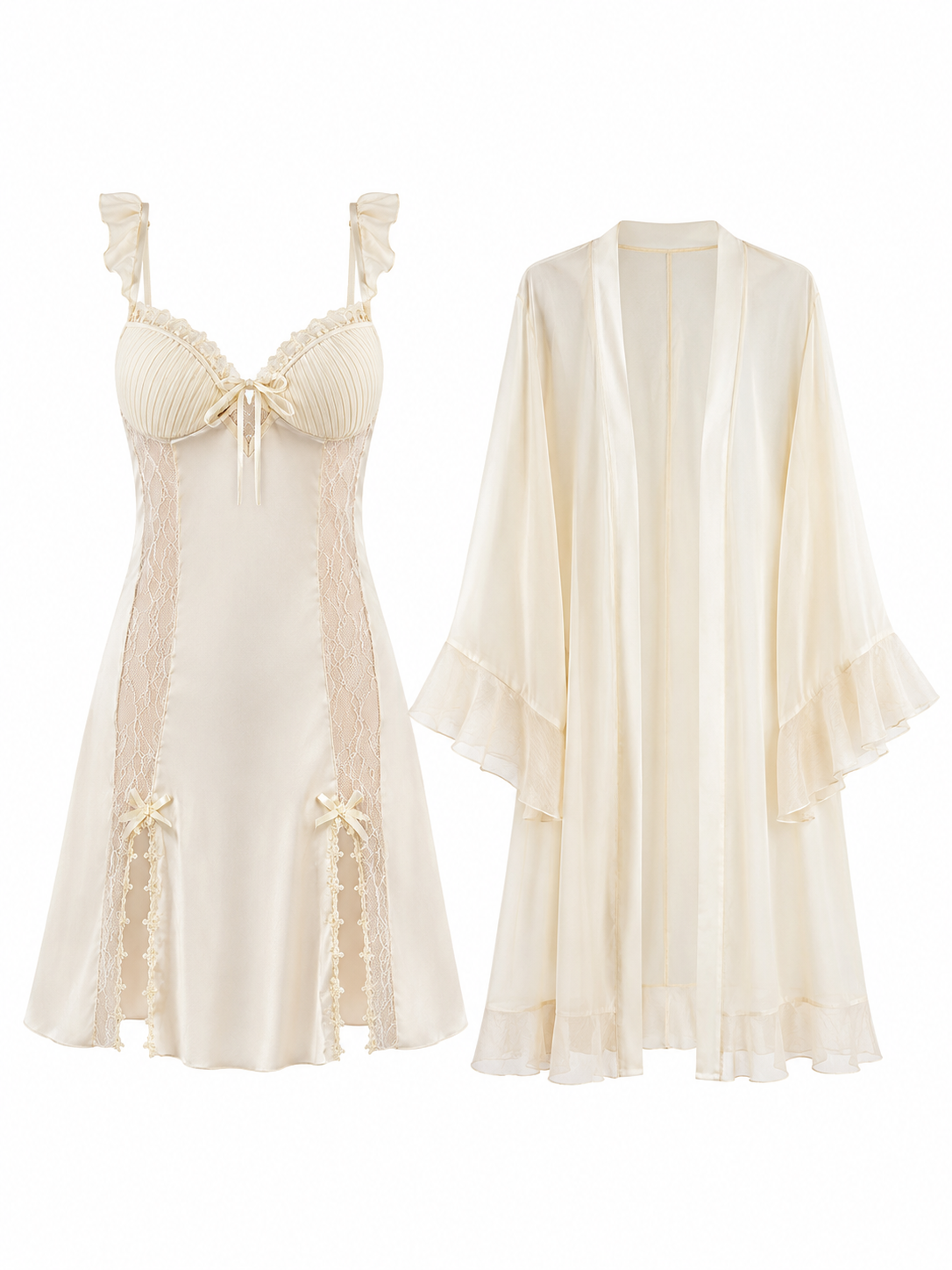 Soft Noir ivory lace slip nightdress and matching sheer robe set on white background