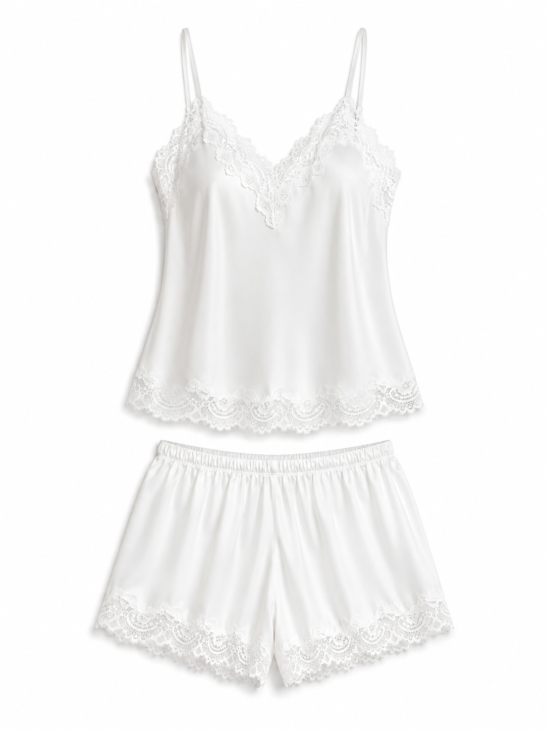 Ivory lace trim satin camisole and shorts pajama set on white background