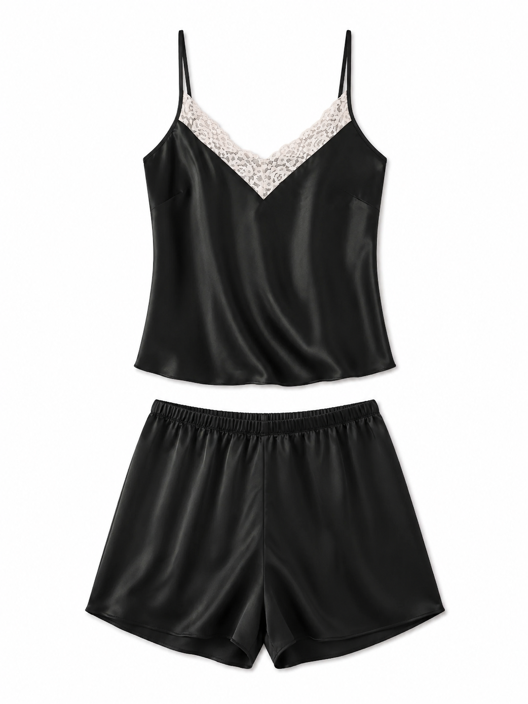 Ivory lace trim satin camisole and shorts pajama set on white background