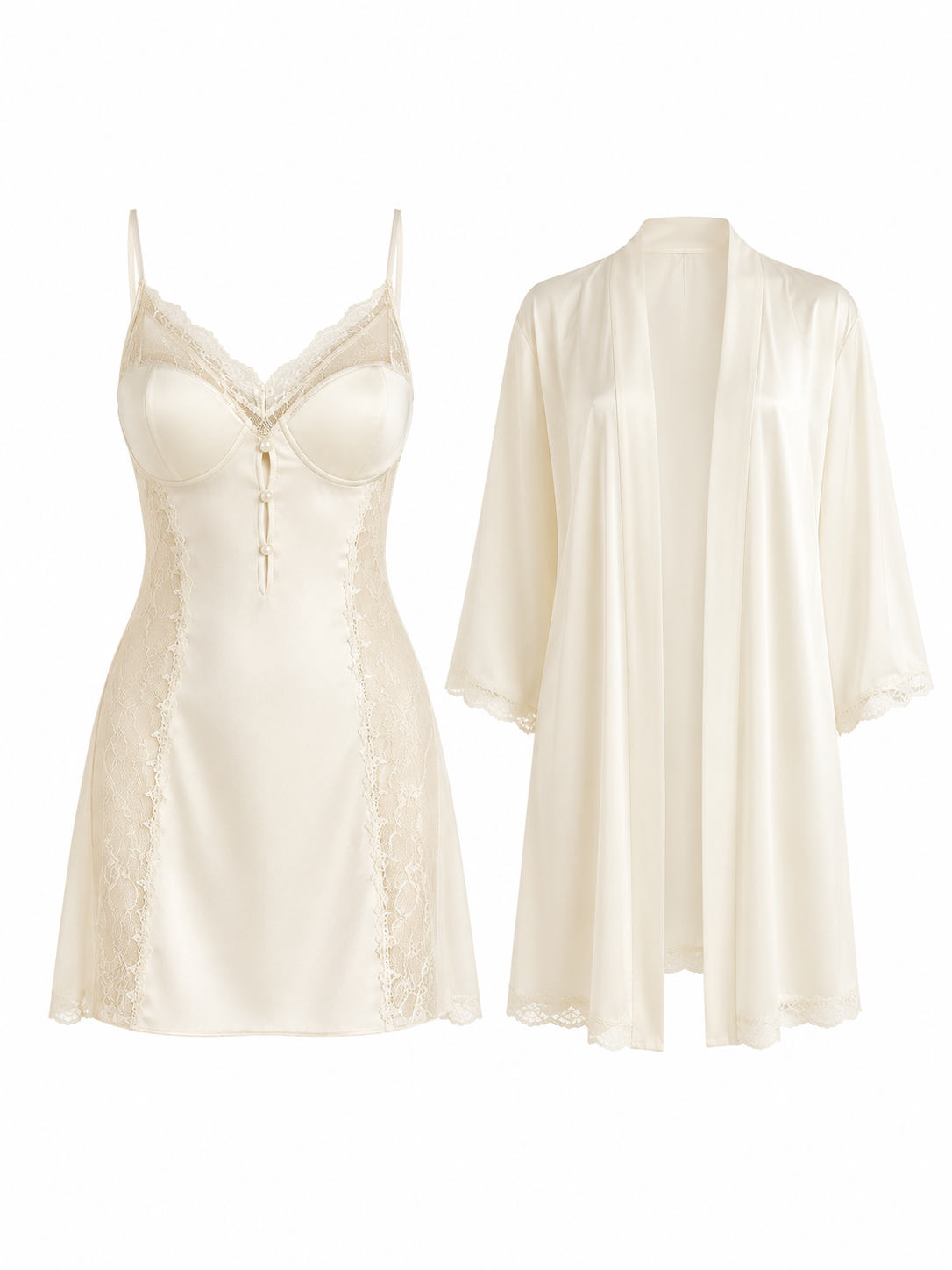 Soft Noir ivory satin lace chemise and robe set on white background