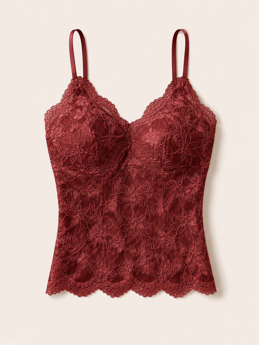 Soft Noir Lace Built-In Bra Camisole in burgundy for refined lingerie styling