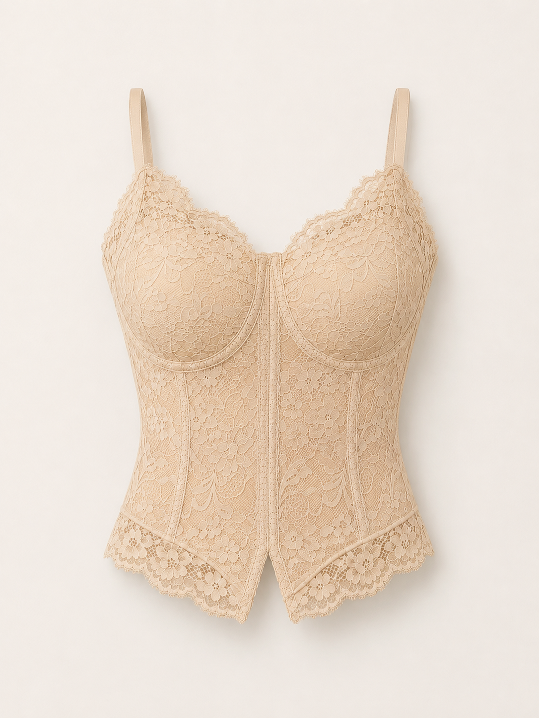 Soft Noir Lace Split-Hem Bustier Camisole in beige for refined lingerie styling