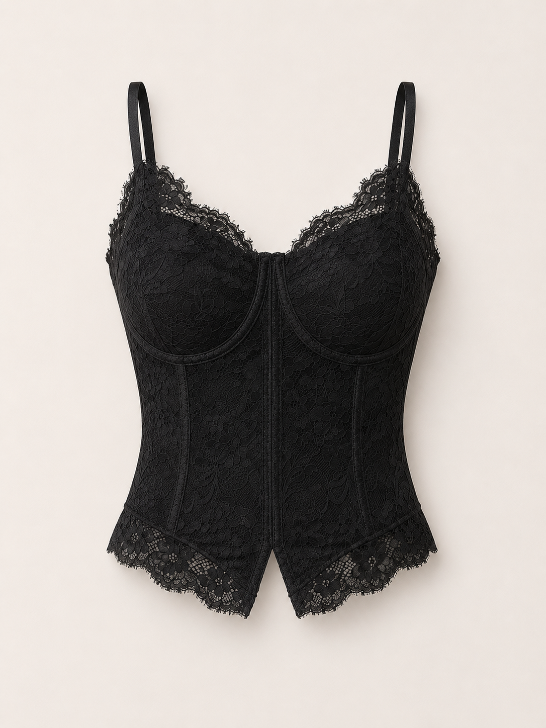 Soft Noir Lace Split-Hem Bustier Camisole in black for refined lingerie styling