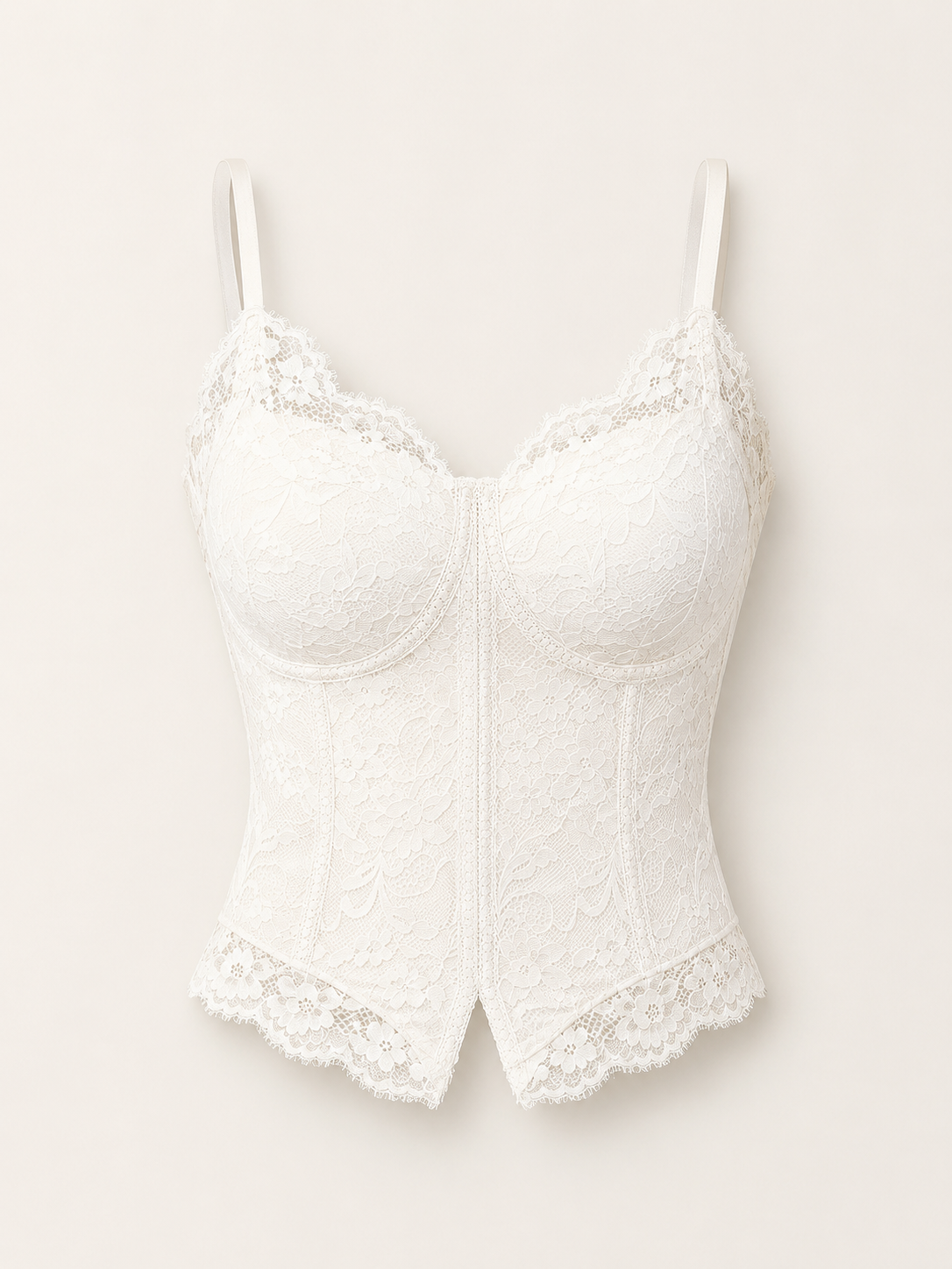 Soft Noir Lace Split-Hem Bustier Camisole in white for refined lingerie styling