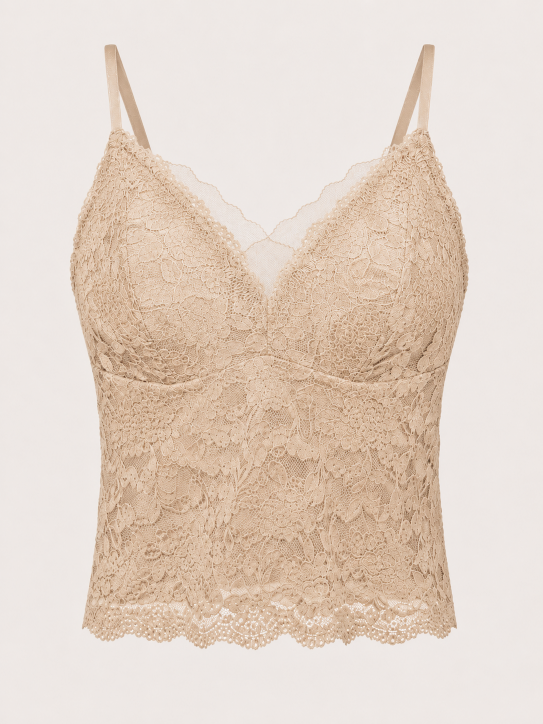Soft Noir Lace V-Neck Padded Camisole in nude beige for refined lingerie styling
