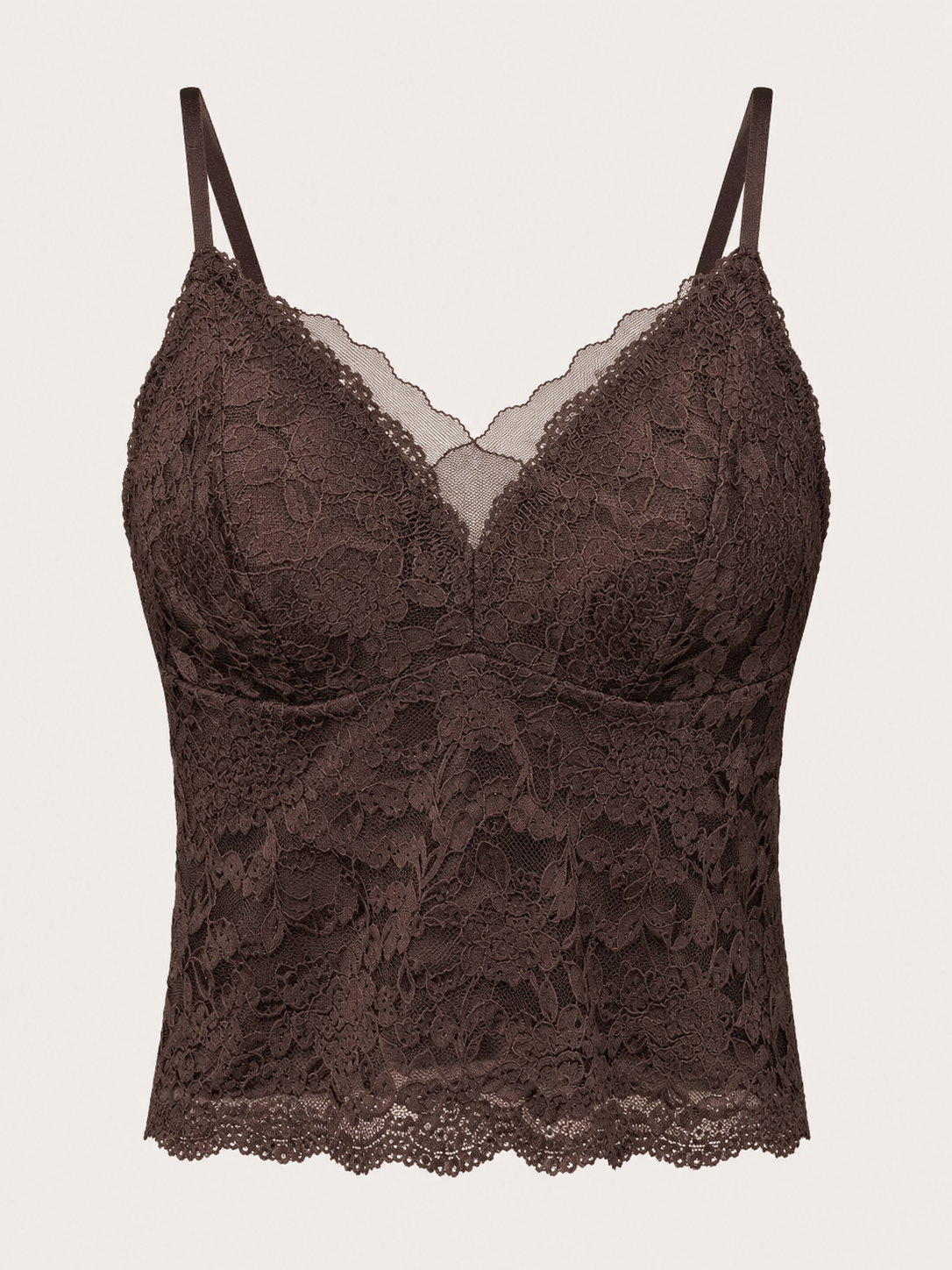 Soft Noir Lace V-Neck Padded Camisole in mocha brown for refined lingerie styling