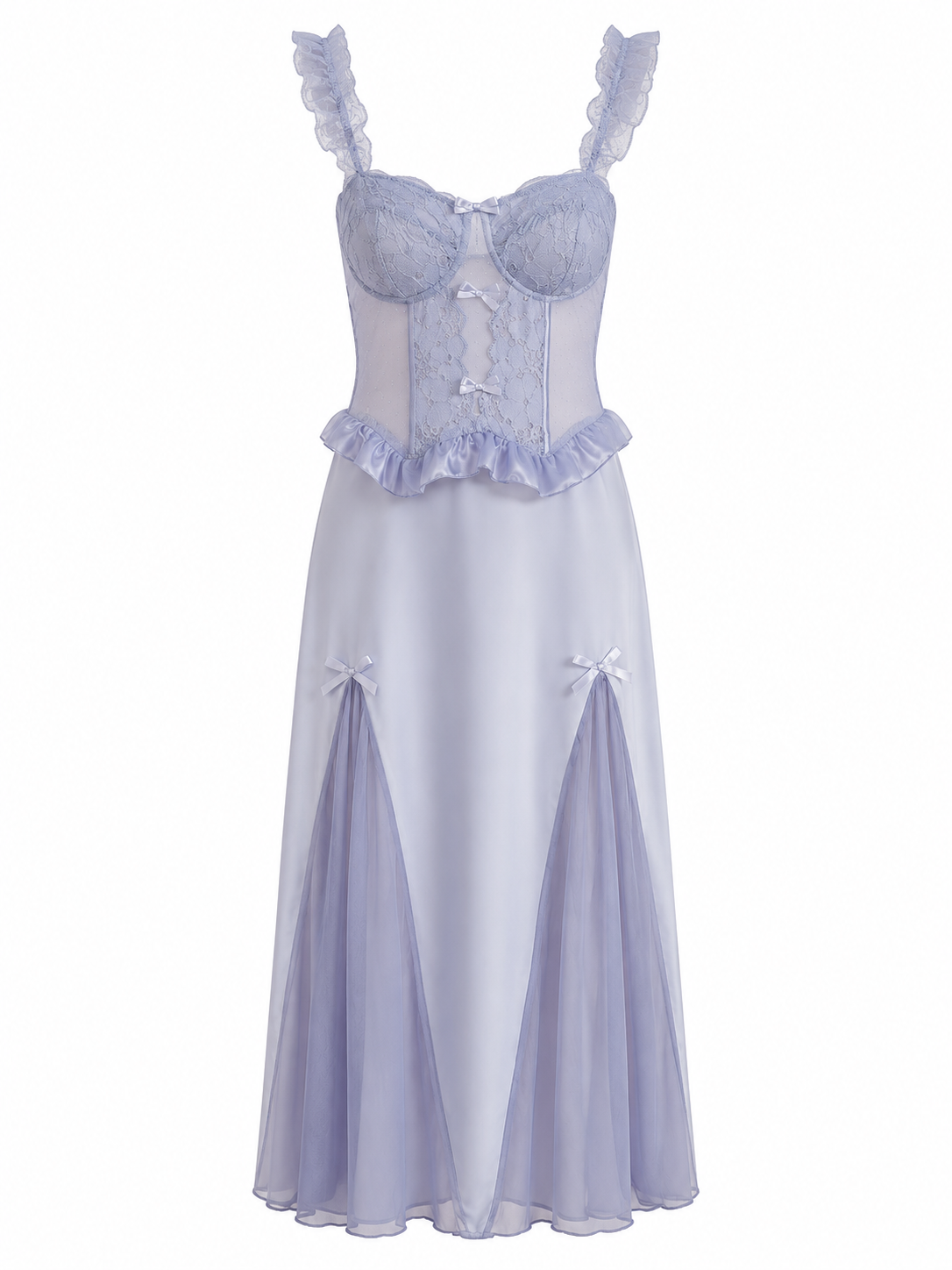 Lavender blue lace ruffle strap midi nightgown on white background