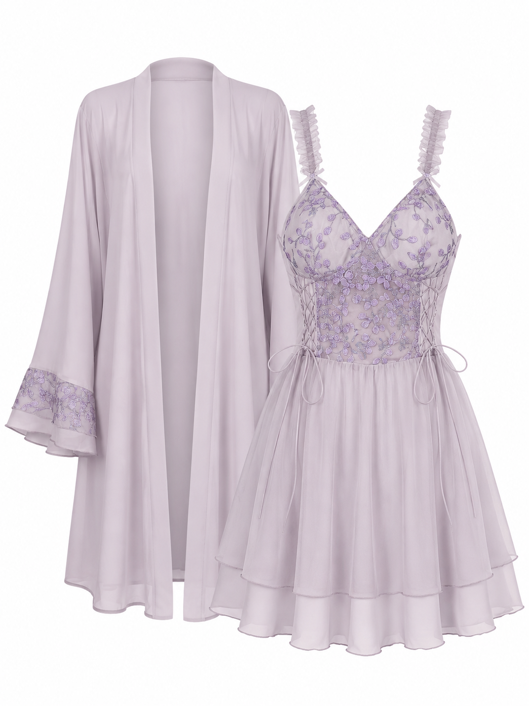 Soft Noir lavender floral embroidered slip dress and matching robe set on white background