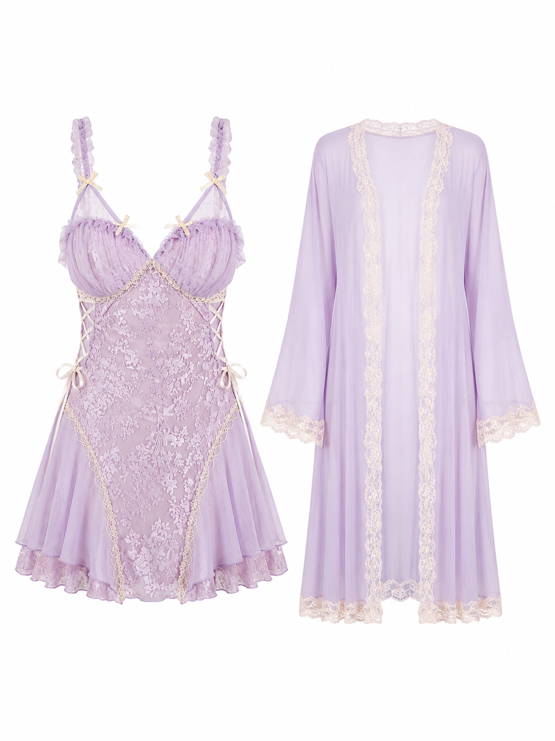 Soft Noir lavender lace babydoll dress and sheer robe set on white background