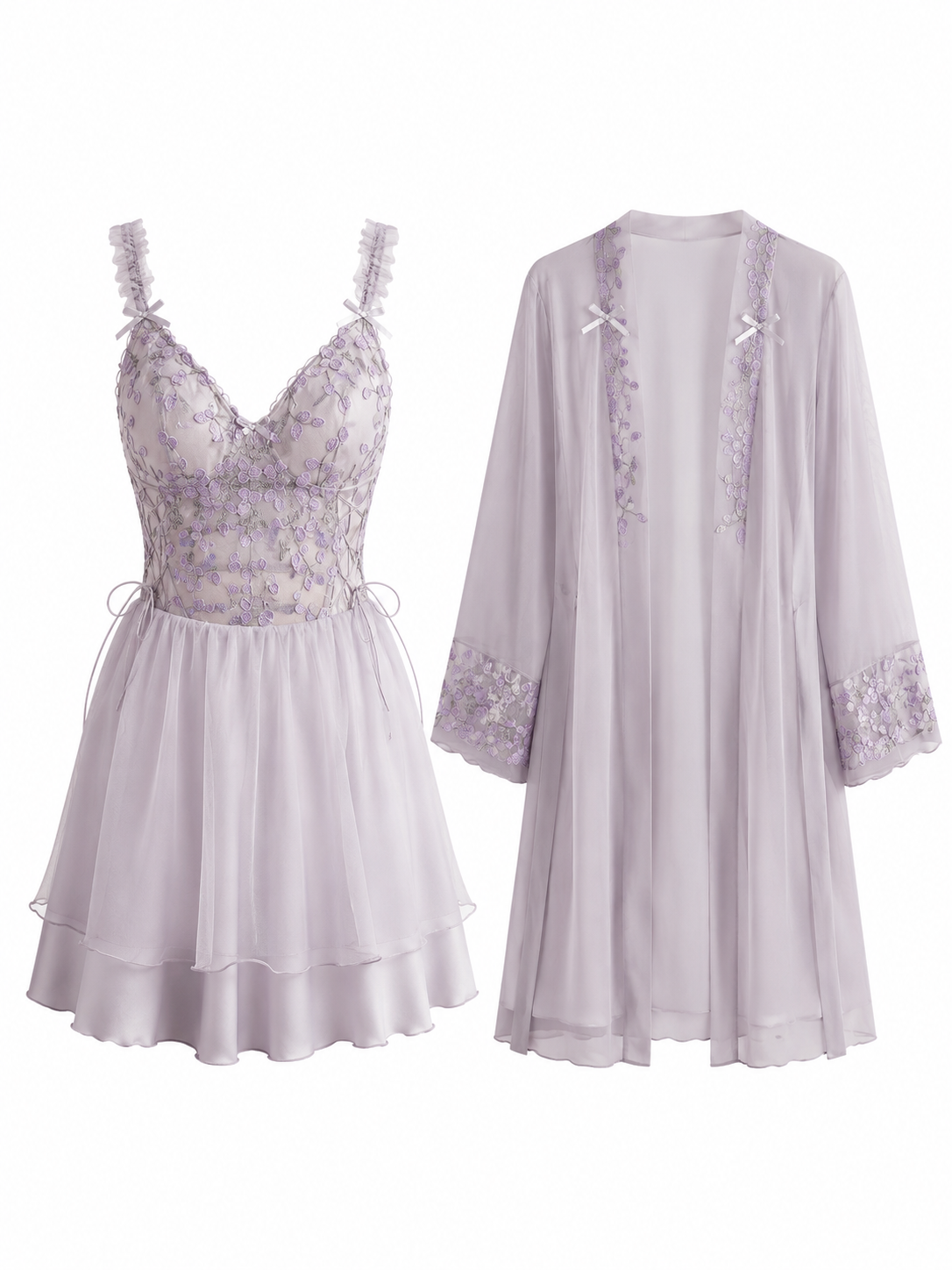 Soft Noir lavender mist embroidered floral chemise nightdress and matching robe set on white background