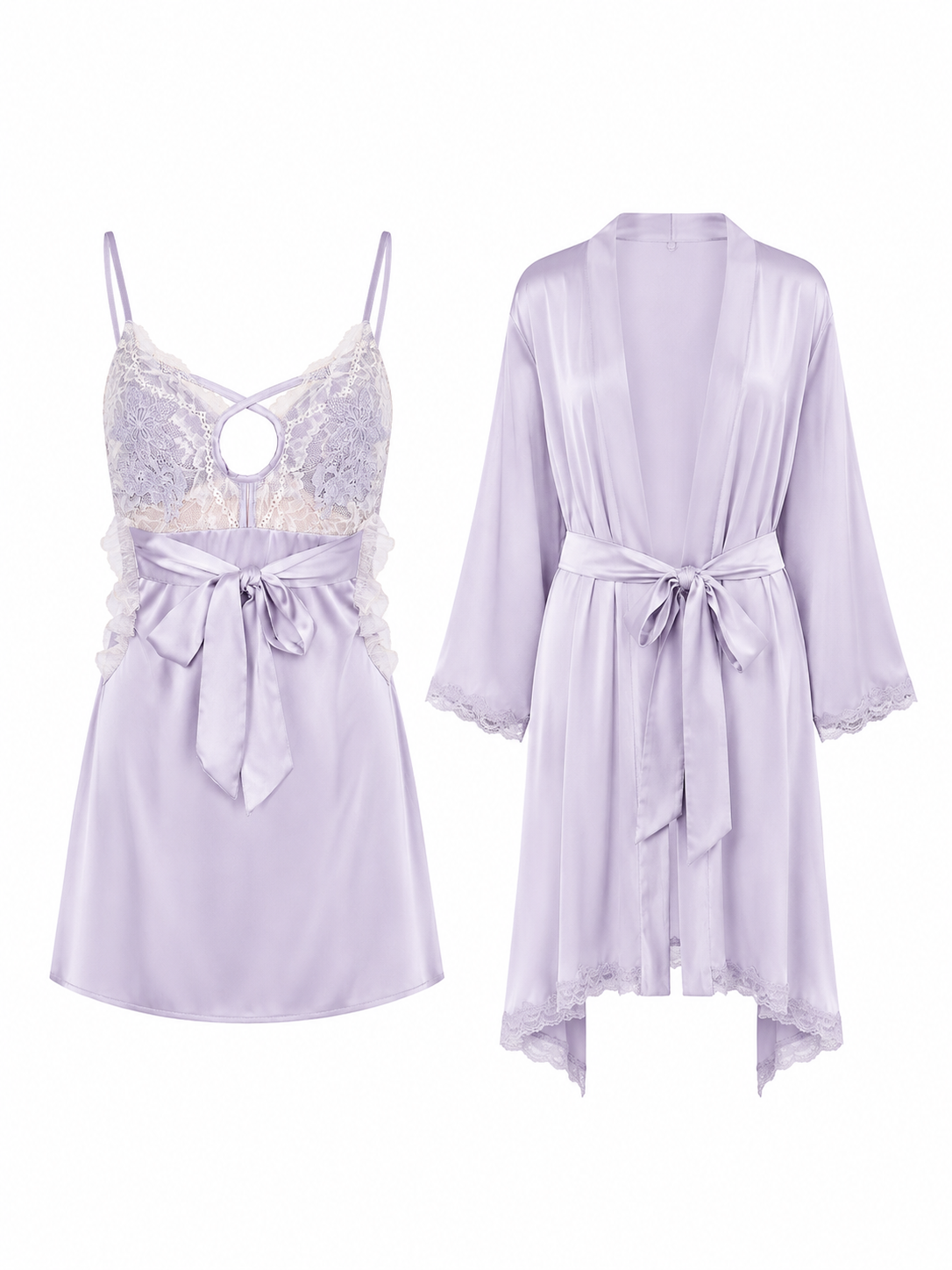 Lavender satin lace chemise and matching robe set on white background