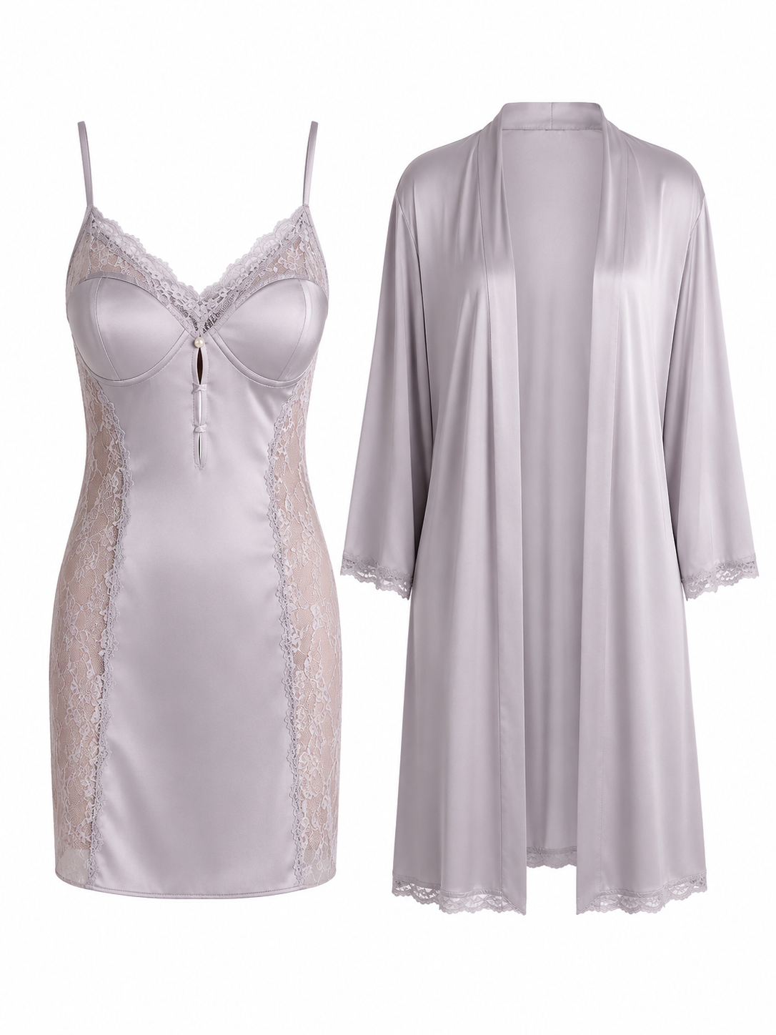 Soft Noir lavender satin lace chemise and robe set on white background