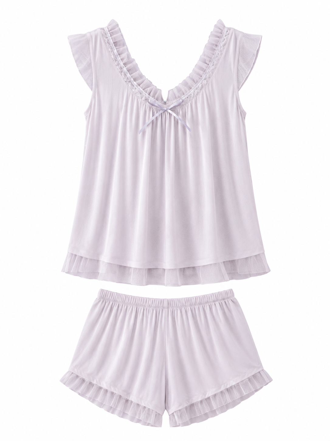 Soft Noir lavender sheer ruffle cami pajama set on white background