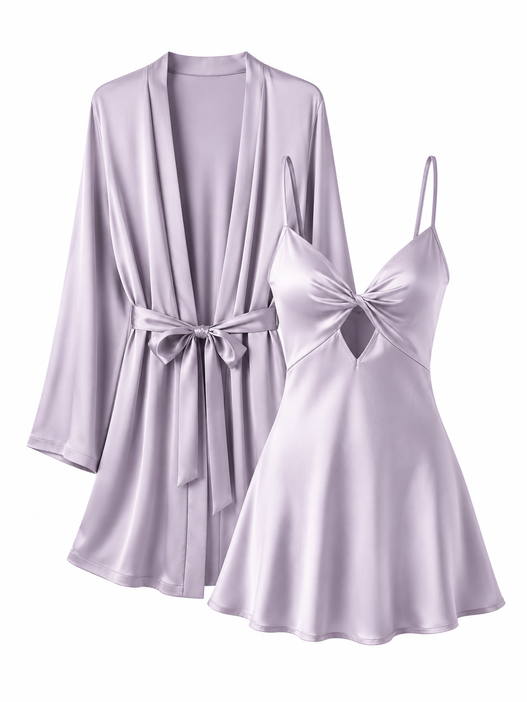 Soft Noir lavender twist front satin slip dress and matching robe set on white background