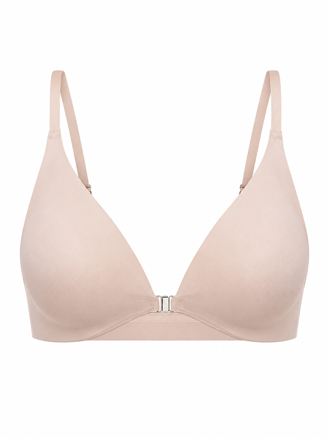 Soft Noir light beige front closure wireless seamless bra with adjustable straps