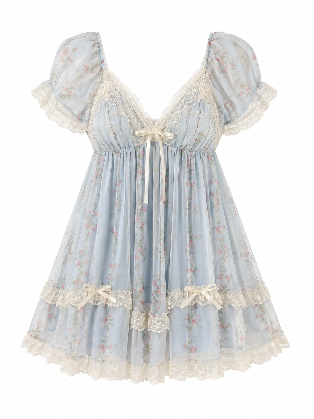 Soft Noir light blue floral lace babydoll nightgown on white background