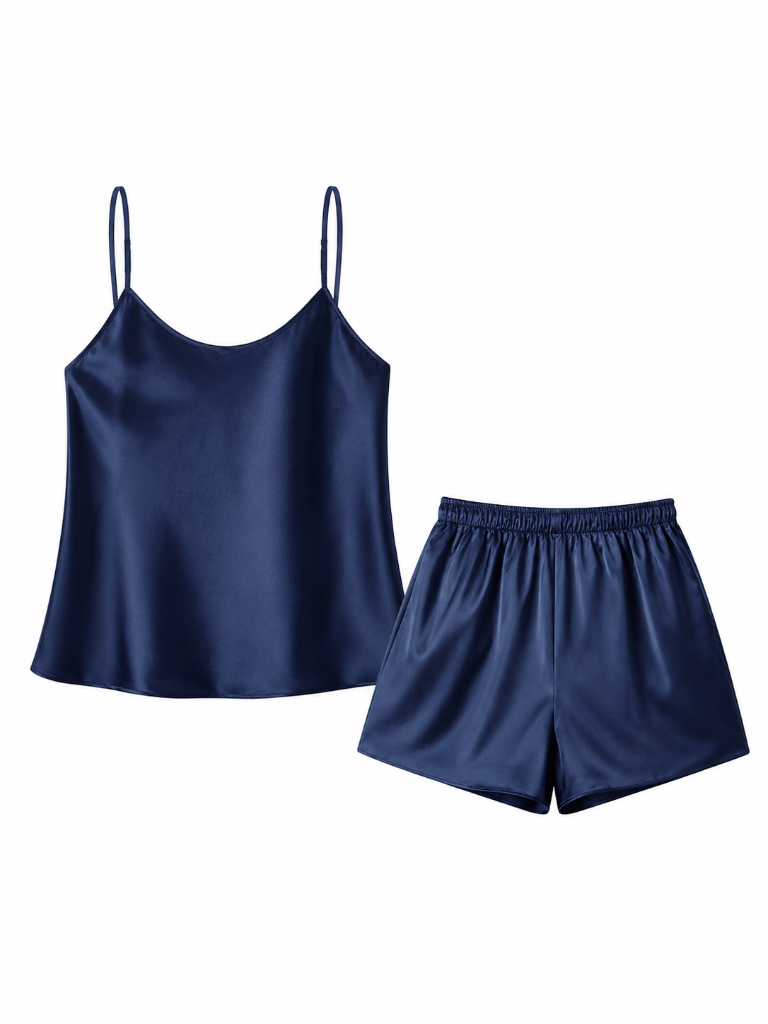 Soft Noir navy blue satin camisole and shorts pajama set on white background