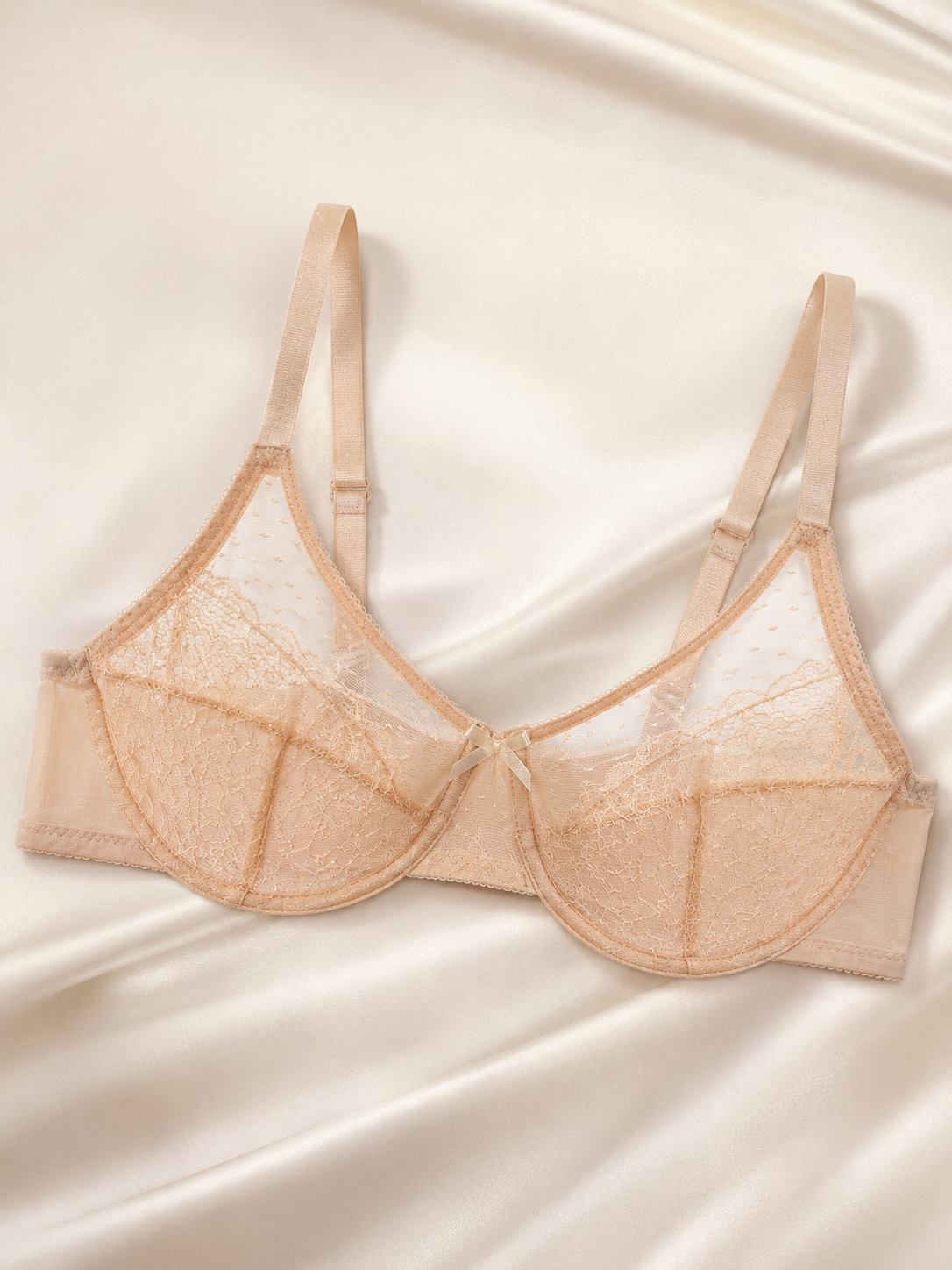 Nude beige floral lace underwire bra styled on satin fabric