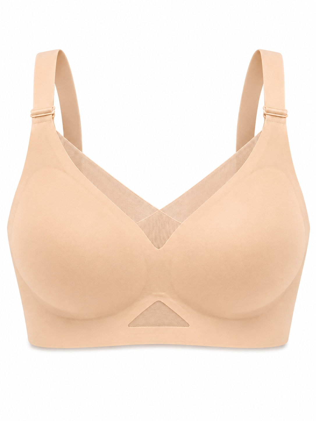 Soft Noir nude beige wireless seamless bra with mesh V-neck detail