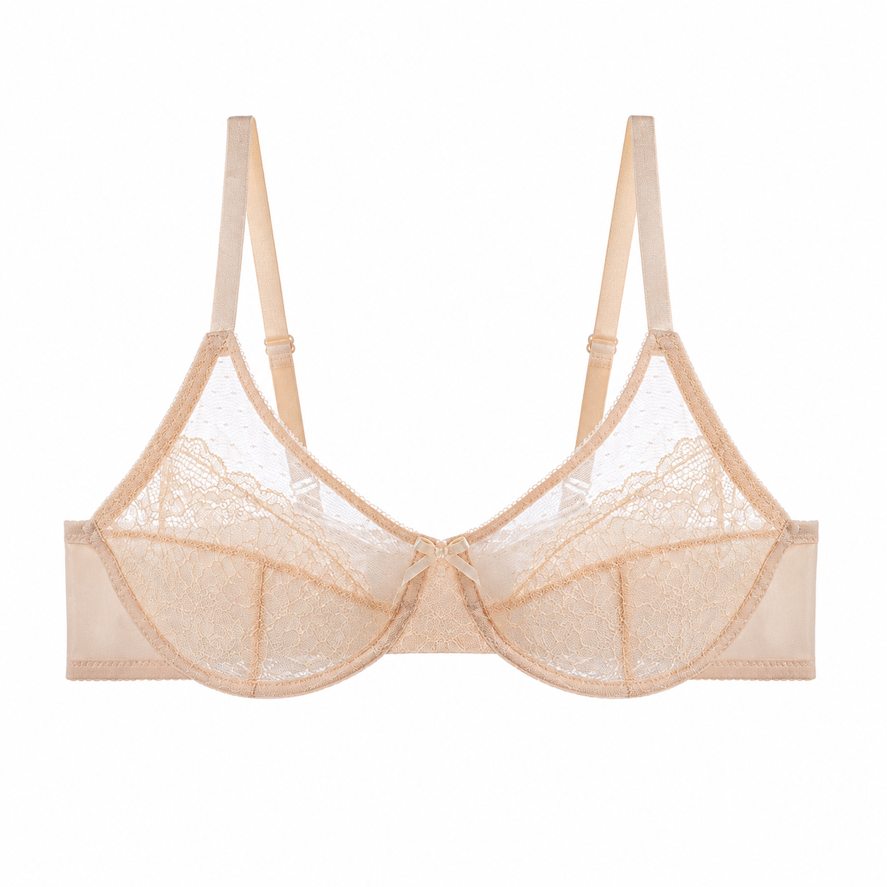 Soft Noir floral lace underwire bra in nude beige on white background