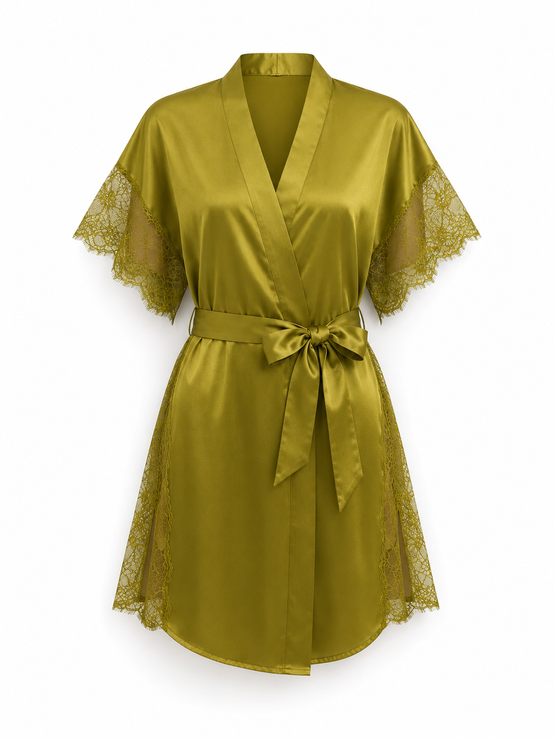 Olive lace satin kimono robe with waist tie on white background