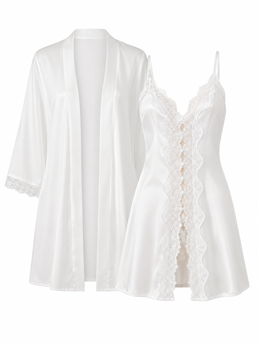 Soft Noir pearl white lace panel satin slip dress and matching robe set on white background