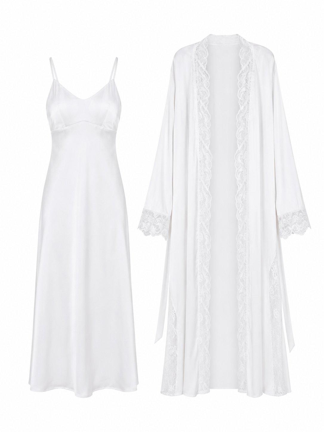Soft Noir pearl white satin slip dress and lace robe set on white background