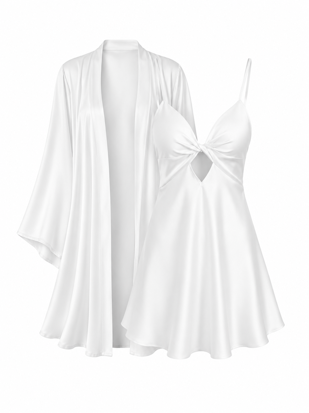 Soft Noir pearl white twist front satin slip dress and matching robe set on white background