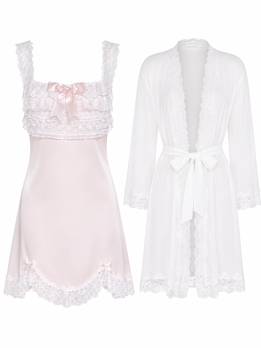 Pink lace chemise and white robe set on white background